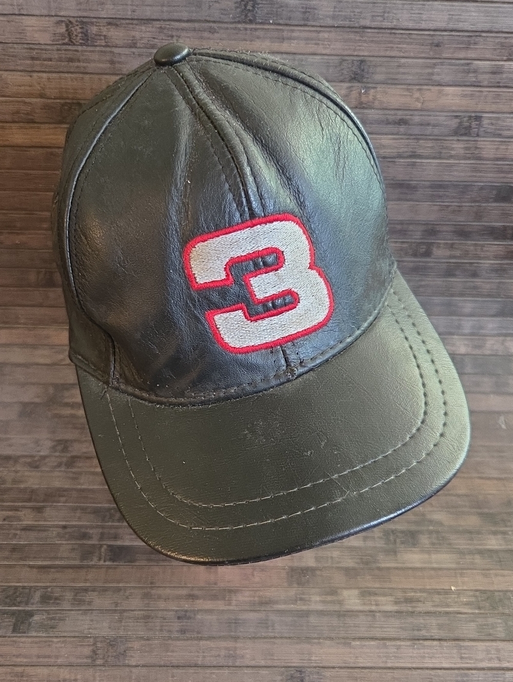 Vintage Dale Earnhardt Leather Baseball Cap with Red Trim Number 3